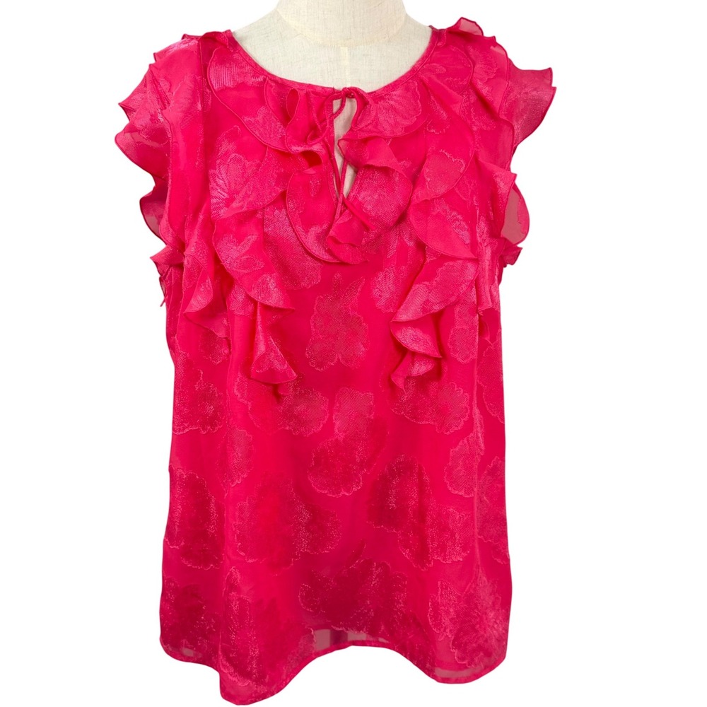 Attention Women XL Blouse Pink Floral Burnout Ruffle Keyhole Tie Romantic GUC